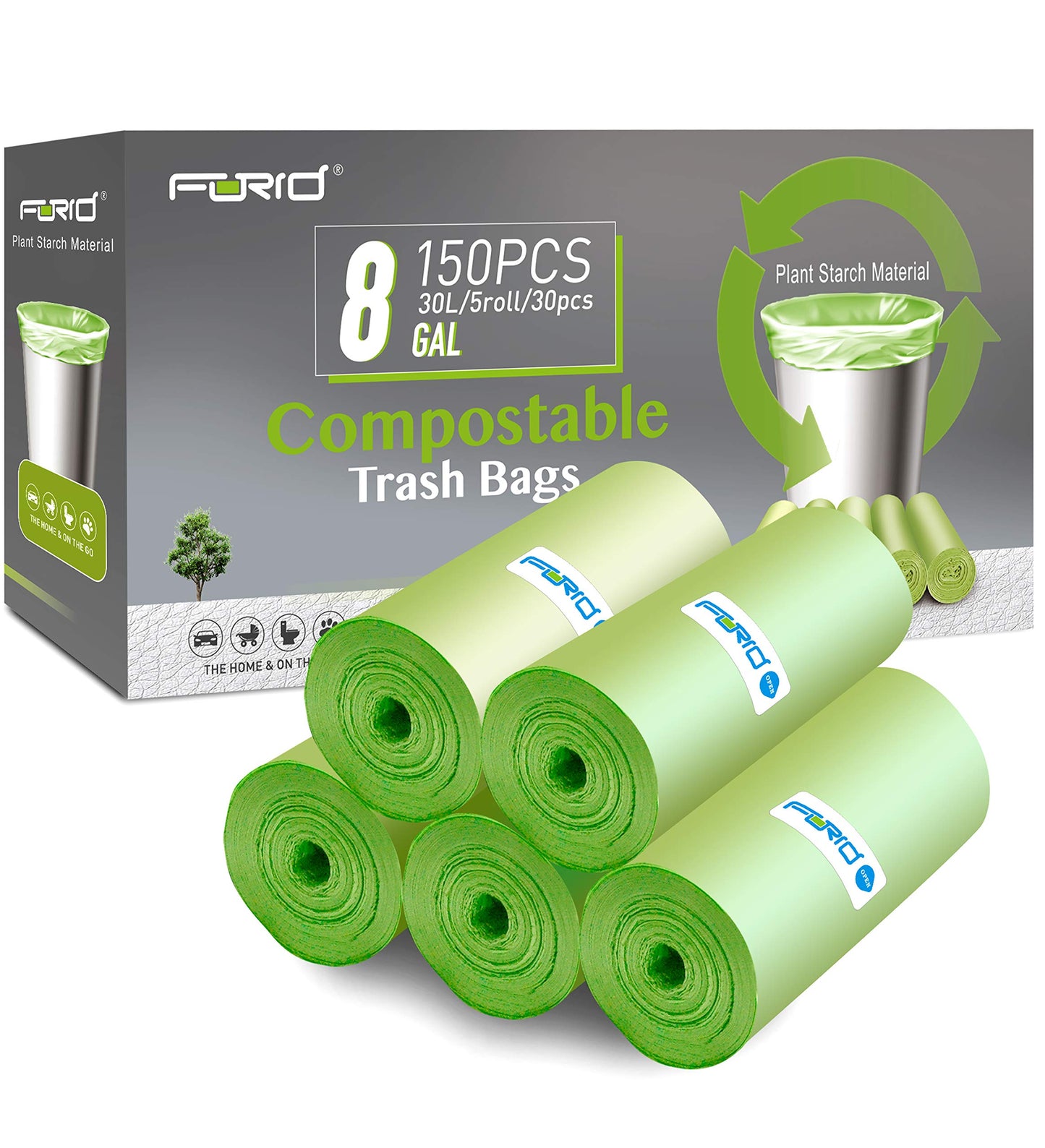 Compostable Trash Bags - FORID 8 Gallon Garbage Bags 150 Count Trash Can Liners 30 Liter Unscented Medium Wastebasket Bags for Kitchen Bathroom Home Office Garbage Can (5Rolls/Green) - Durable & Thick
