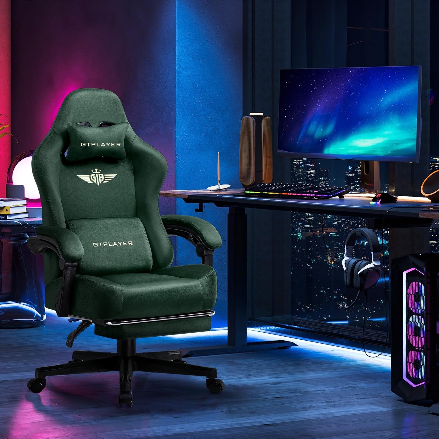 GTPLAYER Gaming Chair Fabric with Pocket Spring Cushion, Big and Tall Gamings Chairs 350LBS High Back Computer Chair with Footrest for Adults Lumbar Support Swivel Game Chair for Office Gaming Green