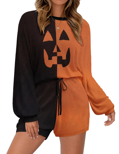 Ekouaer Knit Pajamas Set for Women Lounge Sets 2 Piece Long Sleeve Top and Shorts Pj Soft Sleepwear Cute Sweater Outfits Halloween Orange S