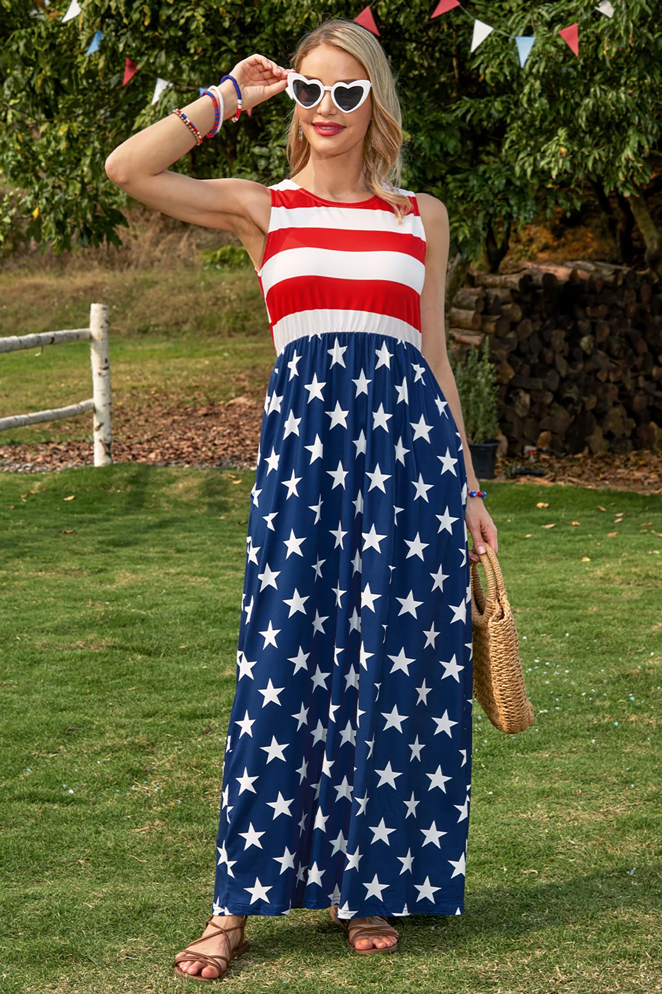 4th of July Stars and Stripes Sundress Patriotic Casual Sleeveless Maxi Dress American Flag M