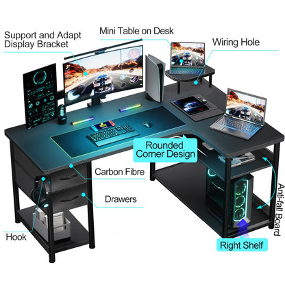 GTRACING Gaming Desk with Drawers, Carbon Fiber Style L Shaped Computer Desk Compatible with Monitor Arm Corner Desk Gaming Table for Home Office Desks, Easy to Assemble Adjustable Shelf Height