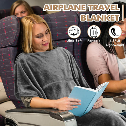 Tirrinia Travel Blanket Airplane Office Poncho 4 in 1 Premium Cozy Fleece Portable Poncho Blankets with Built-in Bag, Pocket
