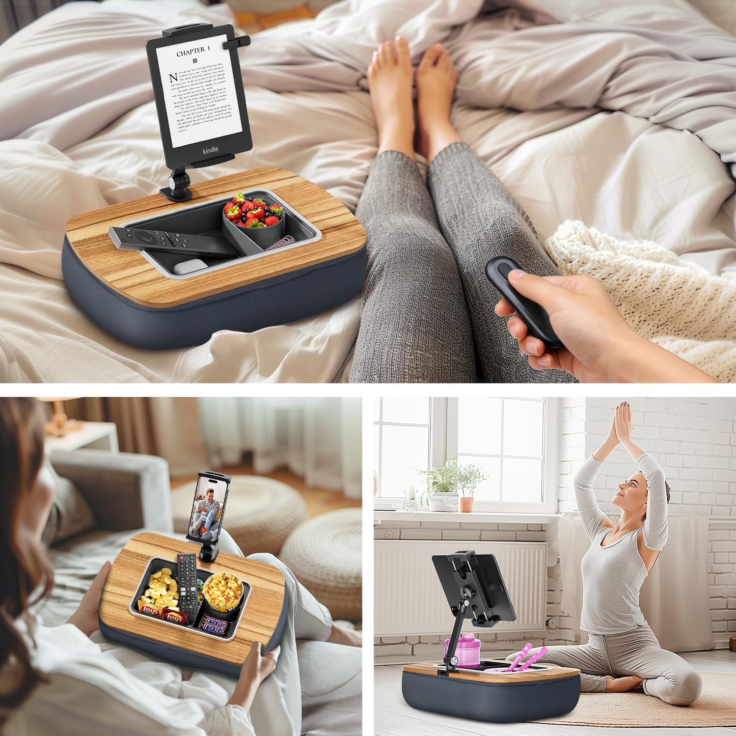 ERGONOV Lap Beanbag Tablet Pillow Stand,Adjustable iPad Holder with Snack Bowl,360° Rotating Clip for 4.7-13" Kindle,Phone,Tablet.Ideal for Hands-Free Reading and Relaxation on Bed,Couch,Recliner,Gray