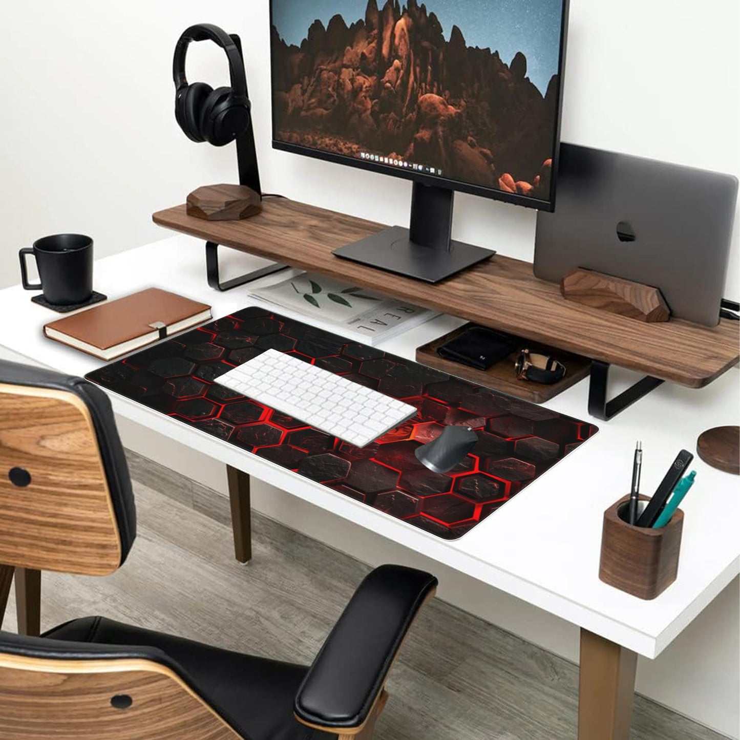 Large Gaming Mouse Pad for Desk,Red Honeycomb Science Technology Desk Mat,Honeycomb Hexagon Desk Pad,Extended Big Computer Keyboard Mouse Pad with Non-Slip Base Stitched Edges 35.4"x15.7"