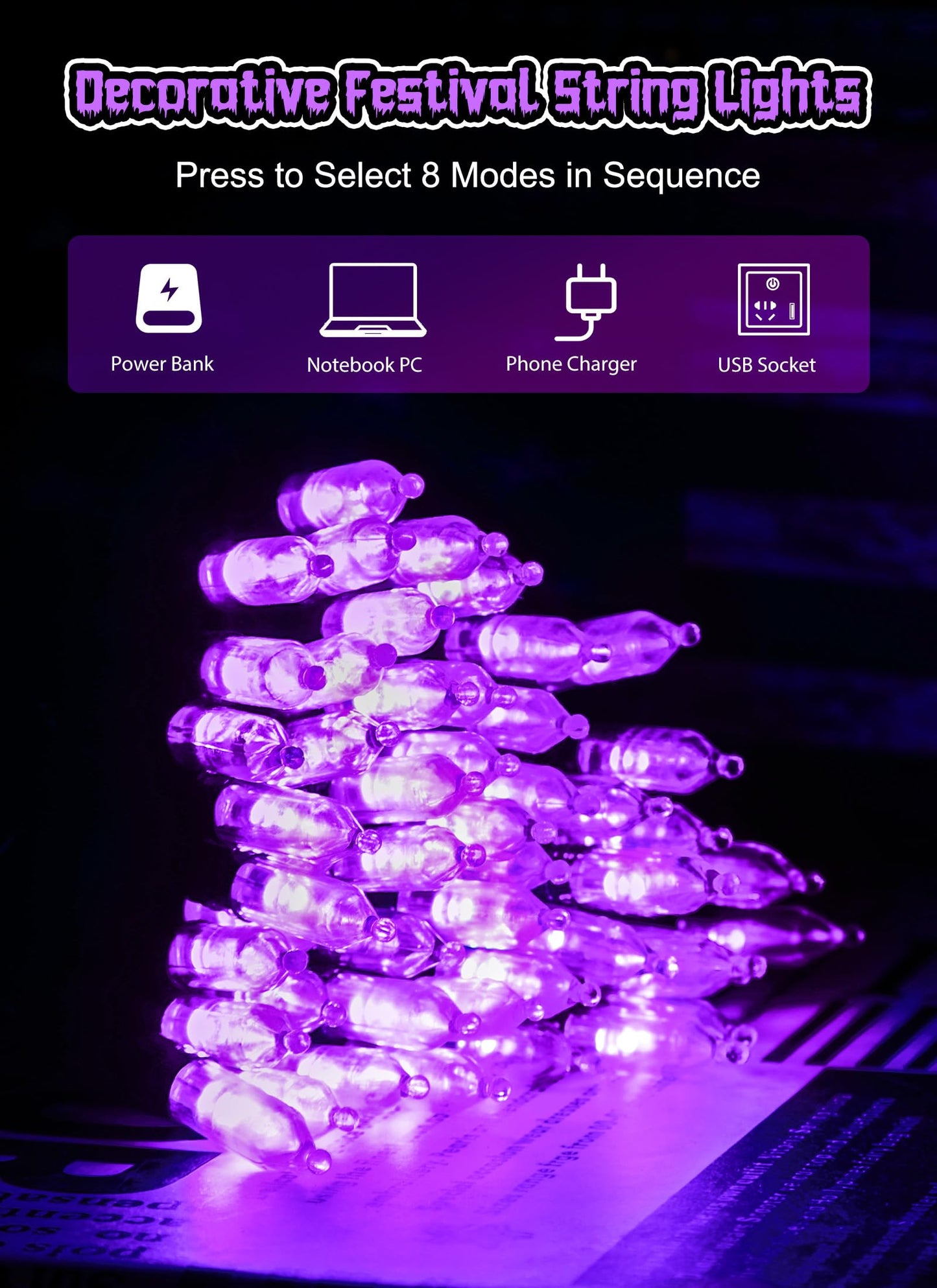 Halloween-Lights-Indoor, 100 LED 39 FT Purple Mini String Light Twinkle Lights USB with Remote & Adapter, Waterproof Tree Lights for Haunted House Window Holiday Party Xmas Christmas Decorations