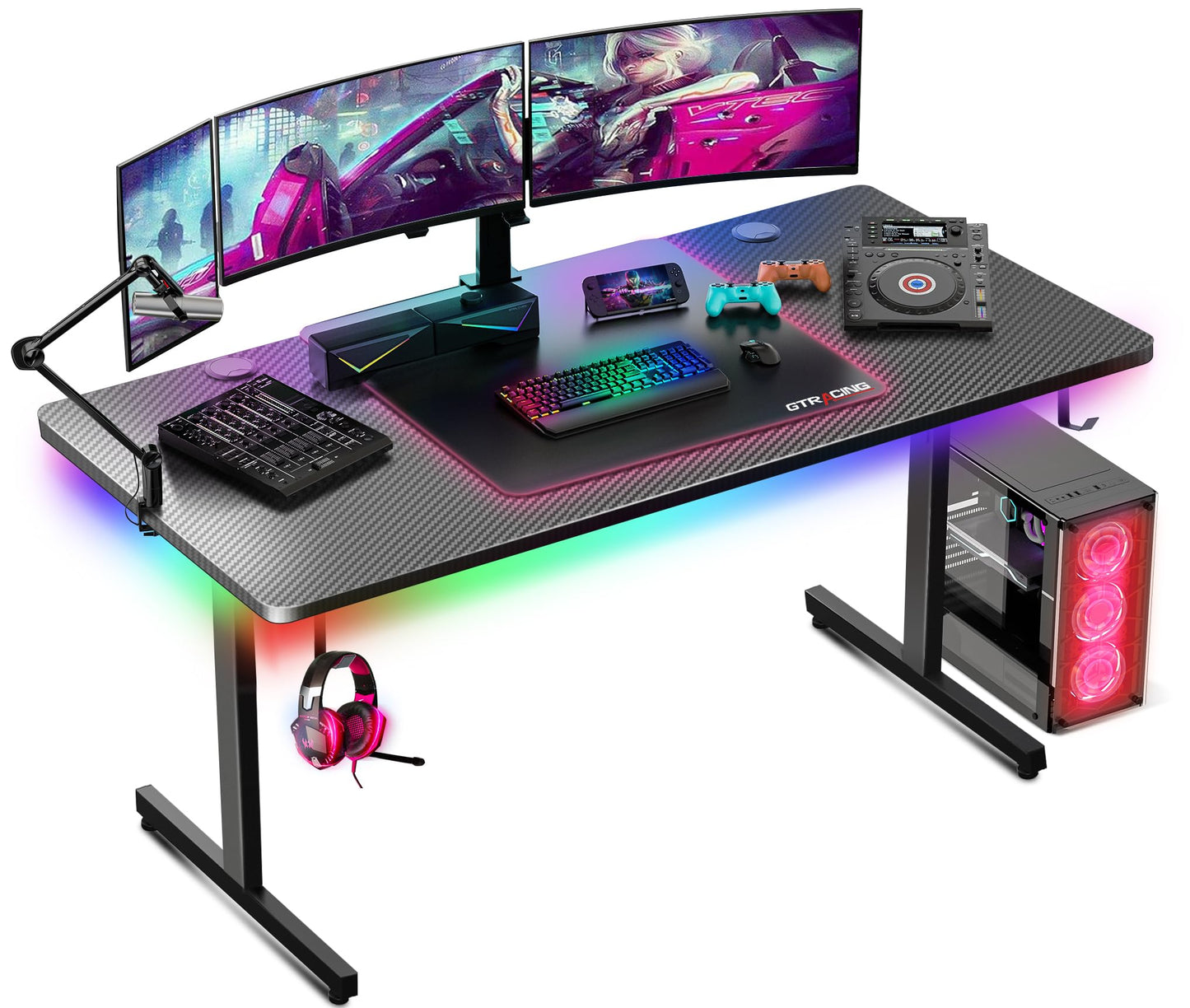 GTRACING 55 Inch Gaming Desk with LED Lights, Large Computer Desk with Mouse Pad for Home Office, T-Shaped Carbon Fibre Surface PC Game Workstations with Headphone Hook