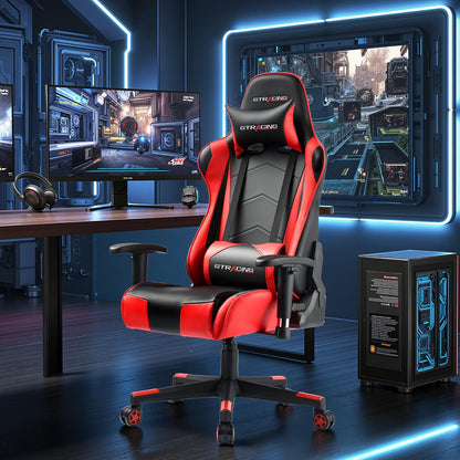 GTRACING Gaming Chair with Reclining Backrest, Adjustable Height and Swivel Base, Ergonomic Computer Chair with Headrest and Lumbar Support (Red)