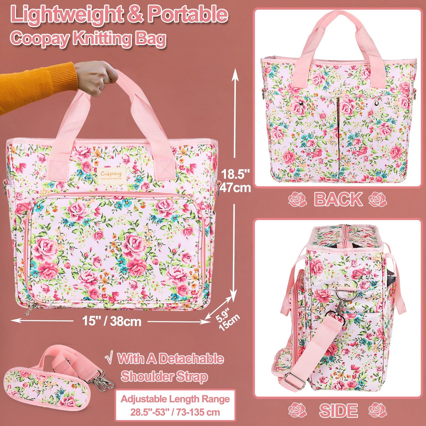 Coopay Large Crochet Bag Knitting Bags and Totes Organizer, Traveling Crochet Bags Yarn Bag for Carrying Crochet Hooks, Knitting Kit, Skein Yarn Wool, Project, Knitting & Crochet Supplies, Pink Flower