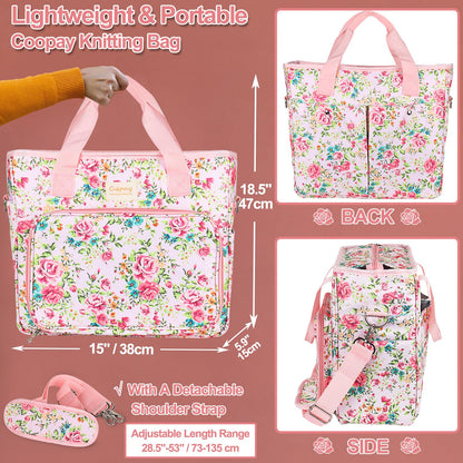 Coopay Large Crochet Bag Knitting Bags and Totes Organizer, Traveling Crochet Bags Yarn Bag for Carrying Crochet Hooks, Knitting Kit, Skein Yarn Wool, Project, Knitting & Crochet Supplies, Pink Flower