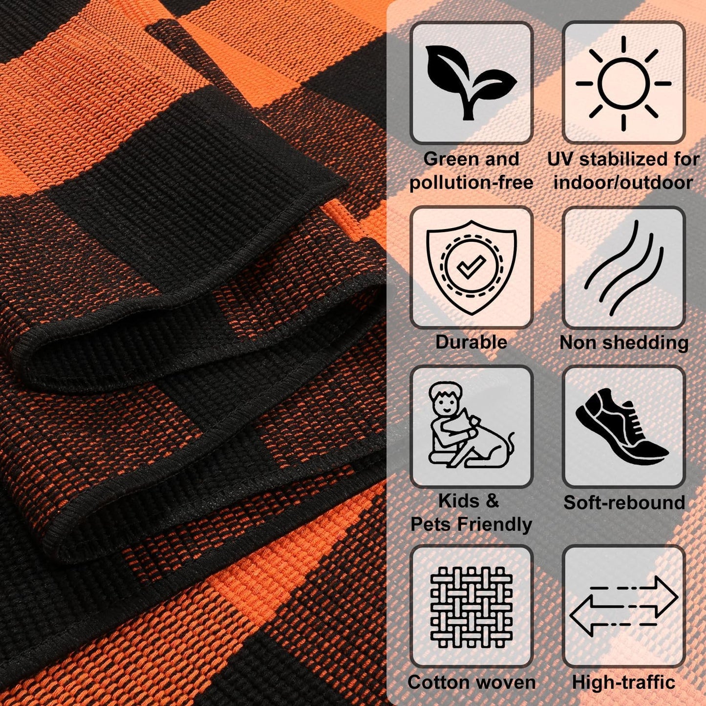 LEEVAN Halloween Buffalo Plaid Outdoor Rug 3x5, Washable Checkered Orange and Black Front Porch Rugs, Thanksgiving Cotton Woven Door Layered Mat for Farmhouse Entryway/Patio/Kitchen