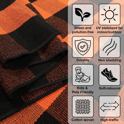 LEEVAN Halloween Buffalo Plaid Outdoor Rug 3x5, Washable Checkered Orange and Black Front Porch Rugs, Thanksgiving Cotton Woven Door Layered Mat for Farmhouse Entryway/Patio/Kitchen