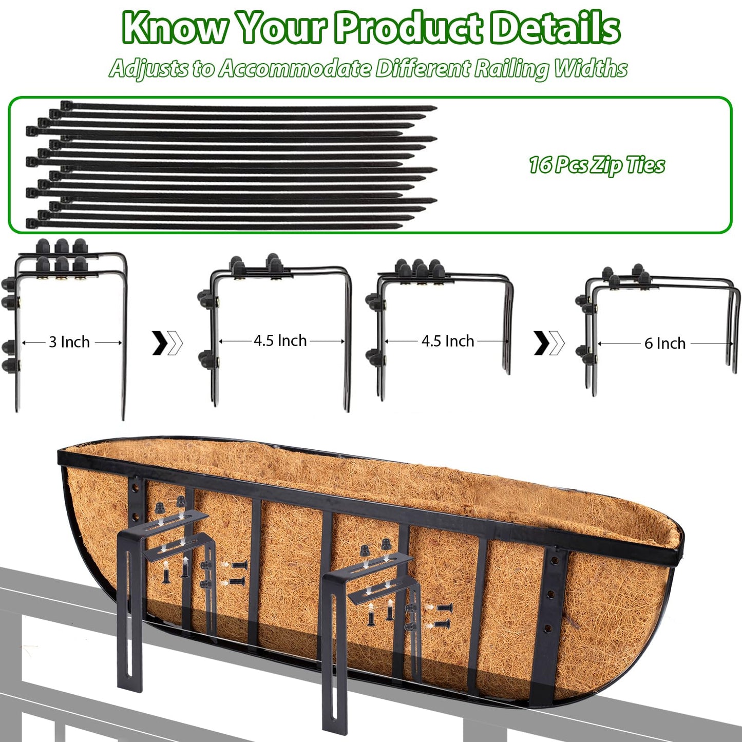 LCHUANG Railing Planter Window Box - 4 Pack 24 Inch Deck Balcony Rail Planter with Coconut Coir Liner, Fence Metal Hanging Flower Basket Deck Railing Planter Boxes for Outdoor Garden