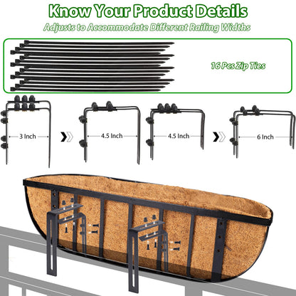 LCHUANG Railing Planter Window Box - 4 Pack 24 Inch Deck Balcony Rail Planter with Coconut Coir Liner, Fence Metal Hanging Flower Basket Deck Railing Planter Boxes for Outdoor Garden
