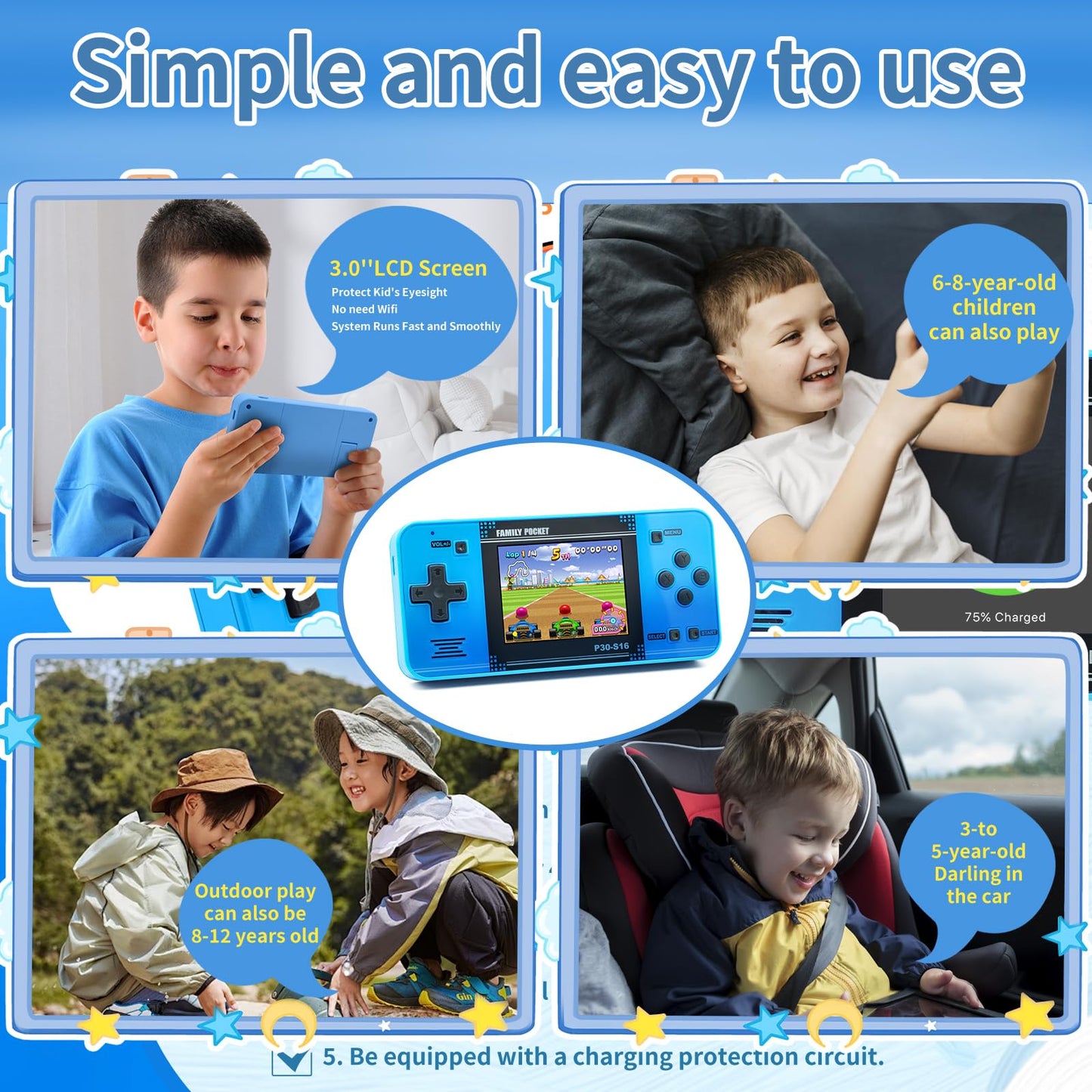 Handheld Game for Kids -Preloaded 220 Retro Video Games, Portable Gaming Player with Rechargeable Battery 3.0" LCD Screen, Mini Arcade Electronic Toy Gifts for Boys Girls (Blue)