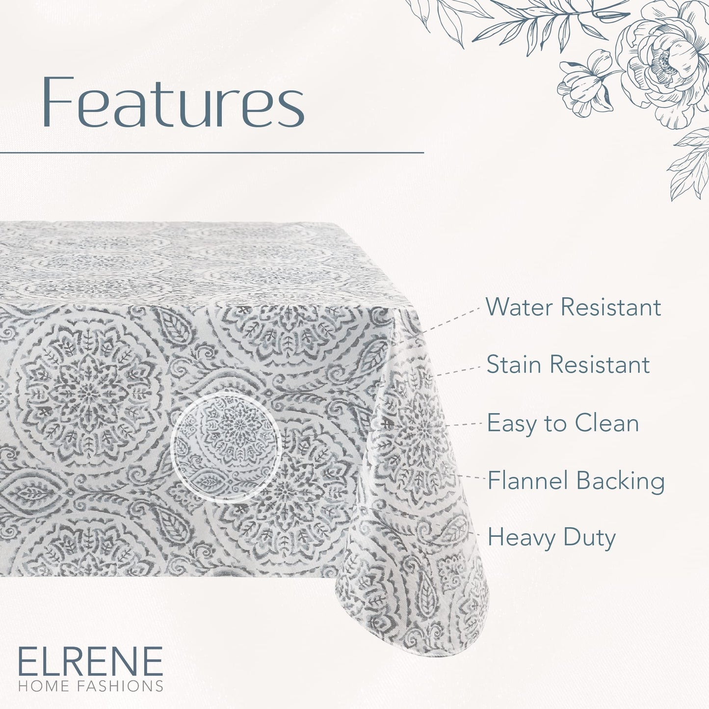 Elrene Home Fashions Savannah Boho Paisley Water and Stain Resistant Vinyl Indoor/Outdoor Tablecloth with Flannel Backing, 52"x52" Square, Gray