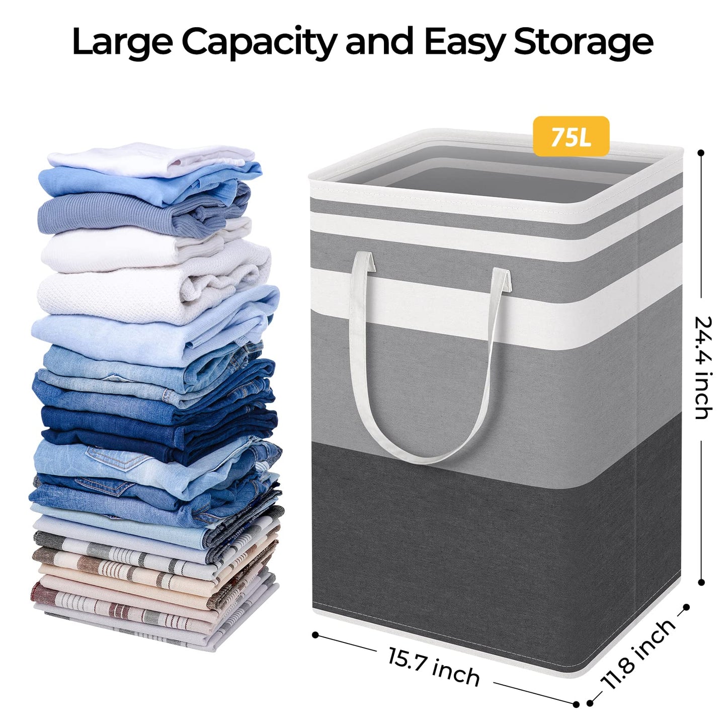 HomeHacks 2 Pack Large Laundry Baskets, Waterproof, Freestanding Laundry Hampers, Collapsible Clothes Hamper with Reinforced Handles in Laundry Room, College Dorm, Bathroom, Bedroom (Grey, 75Lx2)