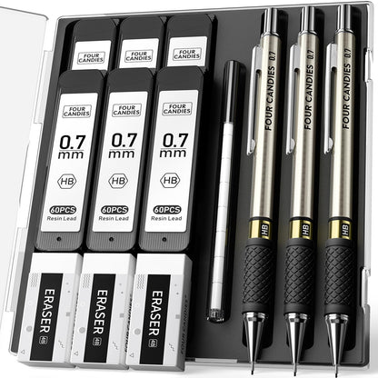 Four Candies Metal Mechanical Pencil Set - 3PCS 0.7mm Art Mechanical Pencils & 360PCS HB Lead Refills & 3PCS Erasers & 9PCS Eraser Refills, Drawing Mechanical Pencils for Writing, Sketching-With Case