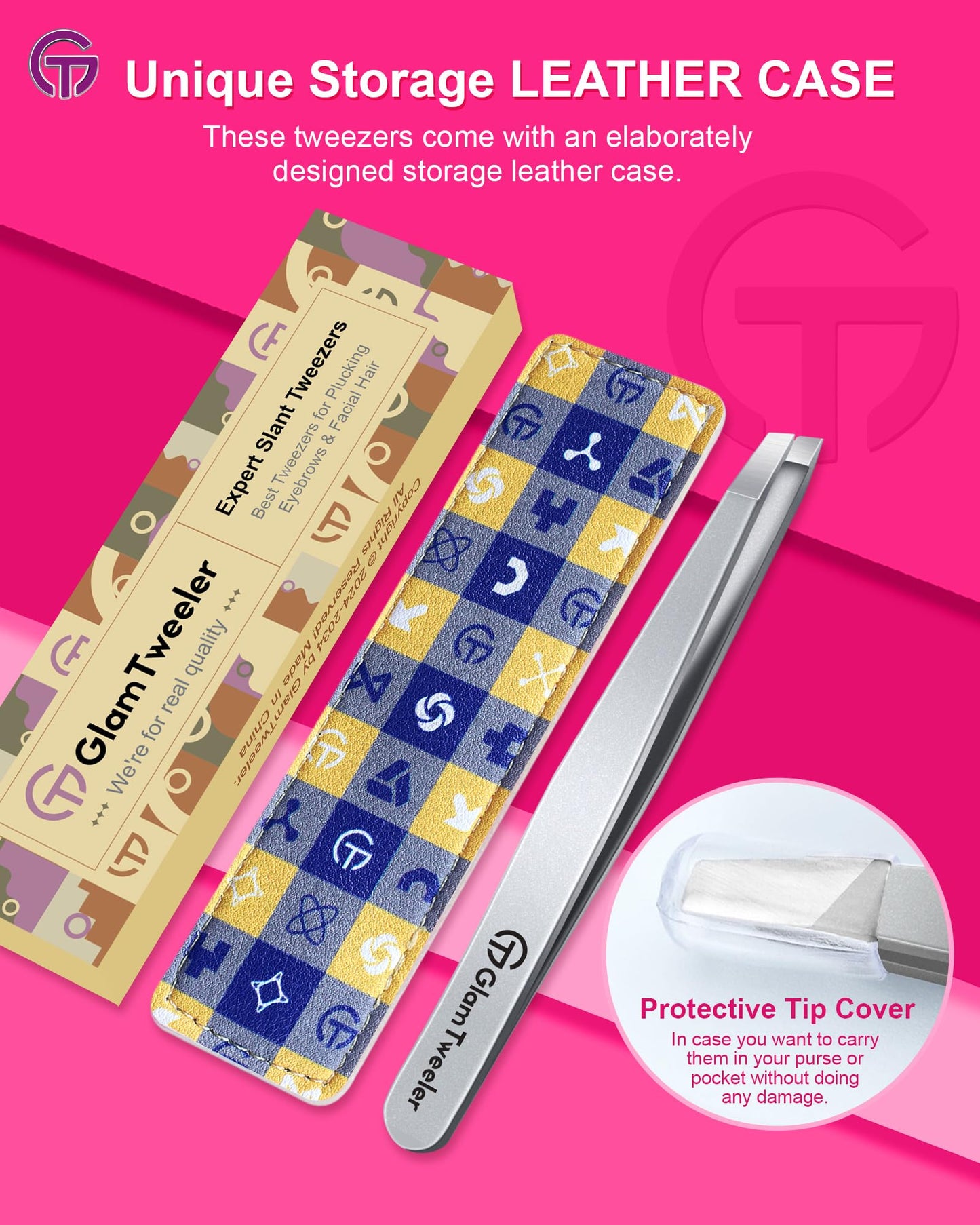 Expert Slant Tip Tweezers with Leather Case, GlamTweeler Sharp & Precision Stainless Steel Tweezer for Eyebrows, Facial Hair and Fine Hairs Removal (Silver)