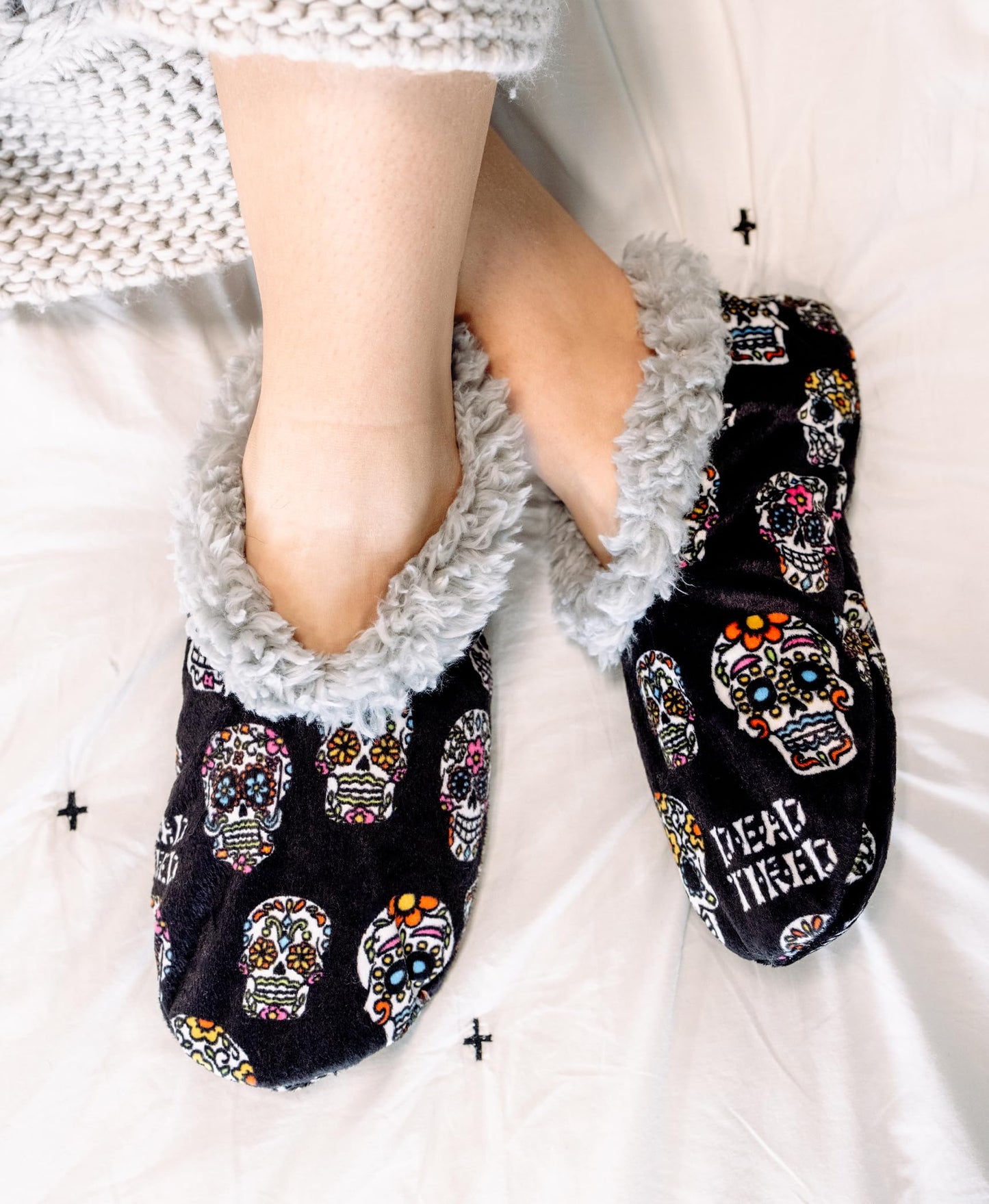 Lazy One Fuzzy Feet Slippers for Women, Cute Fleece-Lined House Slippers, Dead Tired, Sugar Skulls, Halloween, Non-Skid