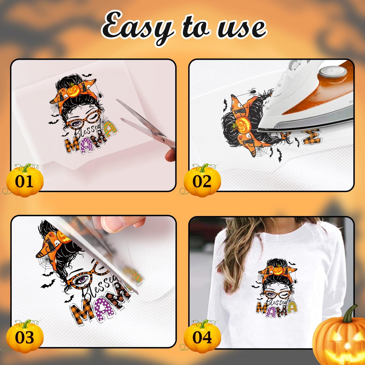 Halloween Iron on Transfer for T-Shirts, Orange Pumpkins Heat Transfer Vinyl Stickers, Heflashor 12 PCS Fall HTV Pumpkins Leopard Pattern Iron on Decals Patches for Party, Easy Press