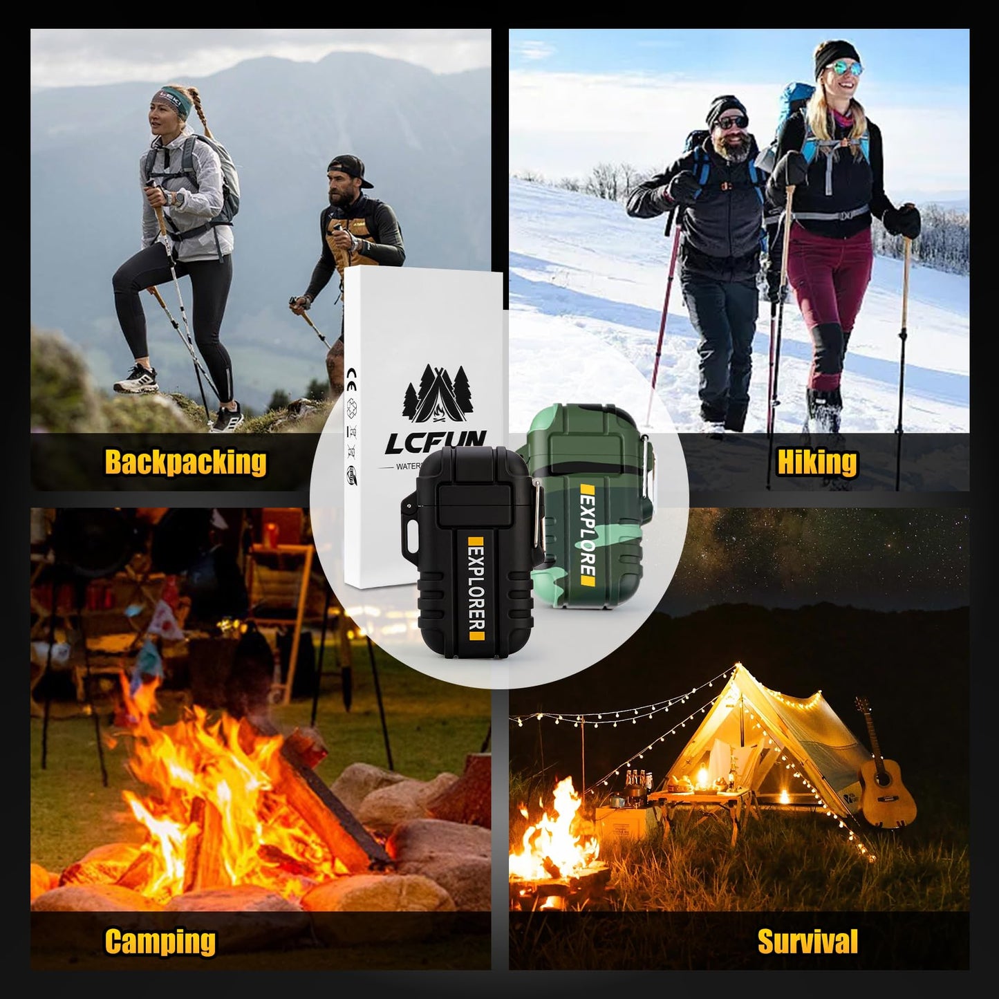 LcFun Waterproof Electric Lighter Windproof Dual Arc USB Rechargeable Flameless Plasma Lighters for Camping Hiking Survival Tactical Gear Stocking Stuffers Gifts for Men Fathers Husband