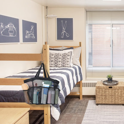 F-color Mesh Shower Caddy Portable, Upgrade Deeper 7 Pockets Shower Bag Basket Tote for College Dorm Room Toiletry Bathroom Essentials Gym Camp Quick Dry 2 handles with S Hook, Black