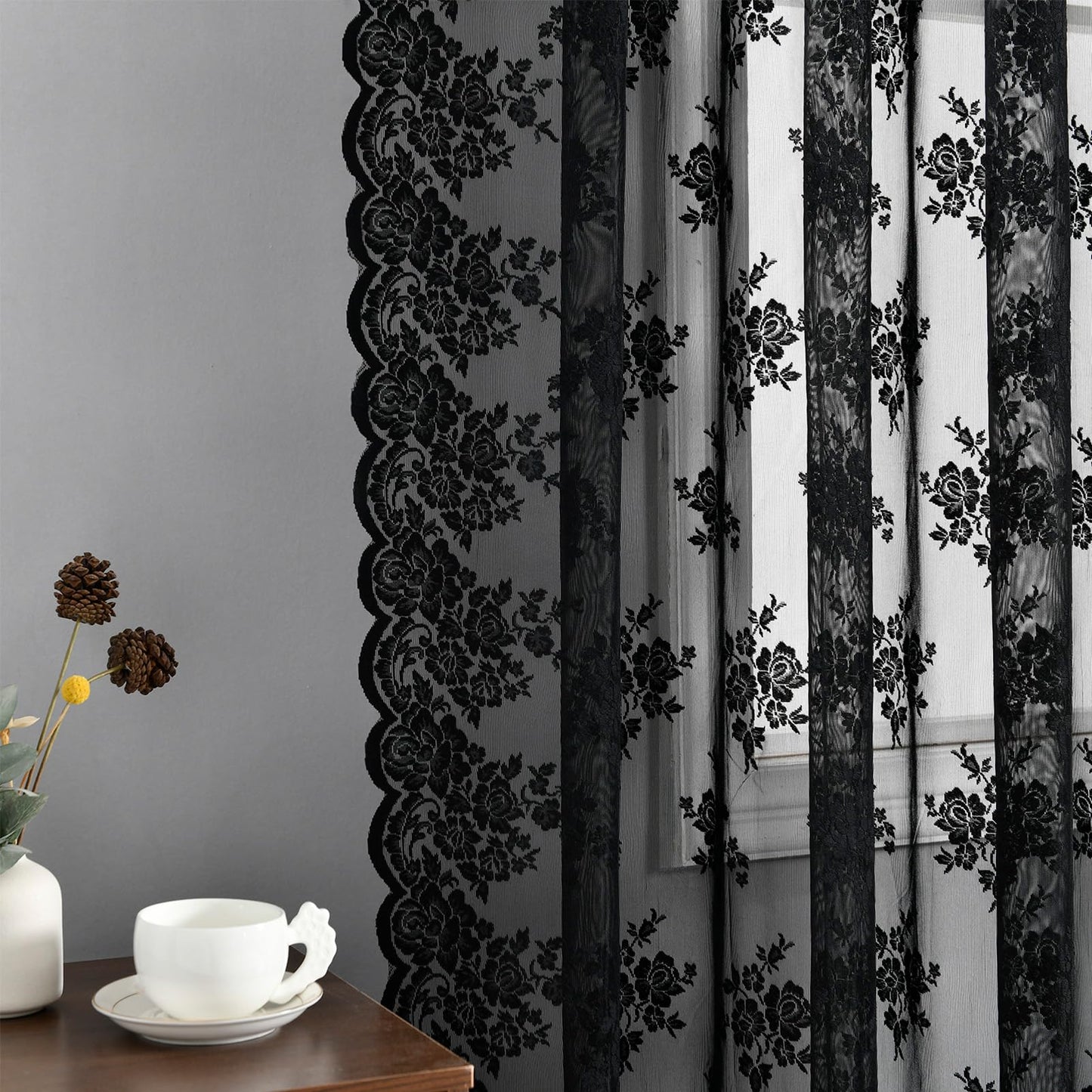 Kotile Black Lace Curtains 63 Inch Length 2 Panels, Country Rustic Floral Gothic Sheer Curtains for Halloween, Rod Pocket Vintage Privacy Sheer Lace Curtains, 42 x 63 Inch Each, 1 Pair, Black