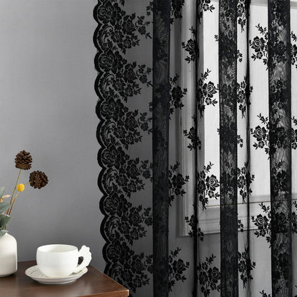 Kotile Black Lace Curtains 63 Inch Length 2 Panels, Country Rustic Floral Gothic Sheer Curtains for Halloween, Rod Pocket Vintage Privacy Sheer Lace Curtains, 42 x 63 Inch Each, 1 Pair, Black
