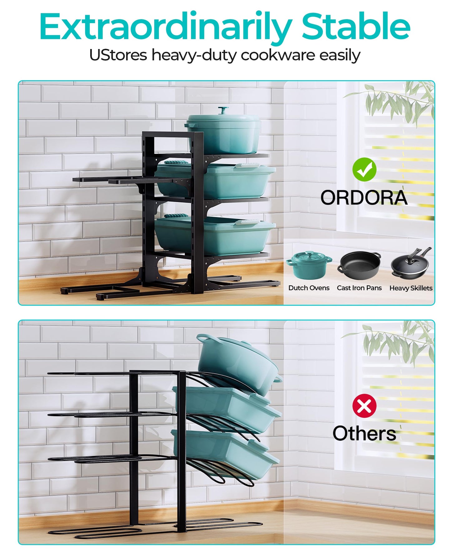 ORDORA Pots and Pans Organizer for Cabinet 16.61'' Height, 8 Tier Pot Organizers Rack with 3 DIY Methods, Adjustable Pan Organizer under Cabinet Kitchen Organization and Storage