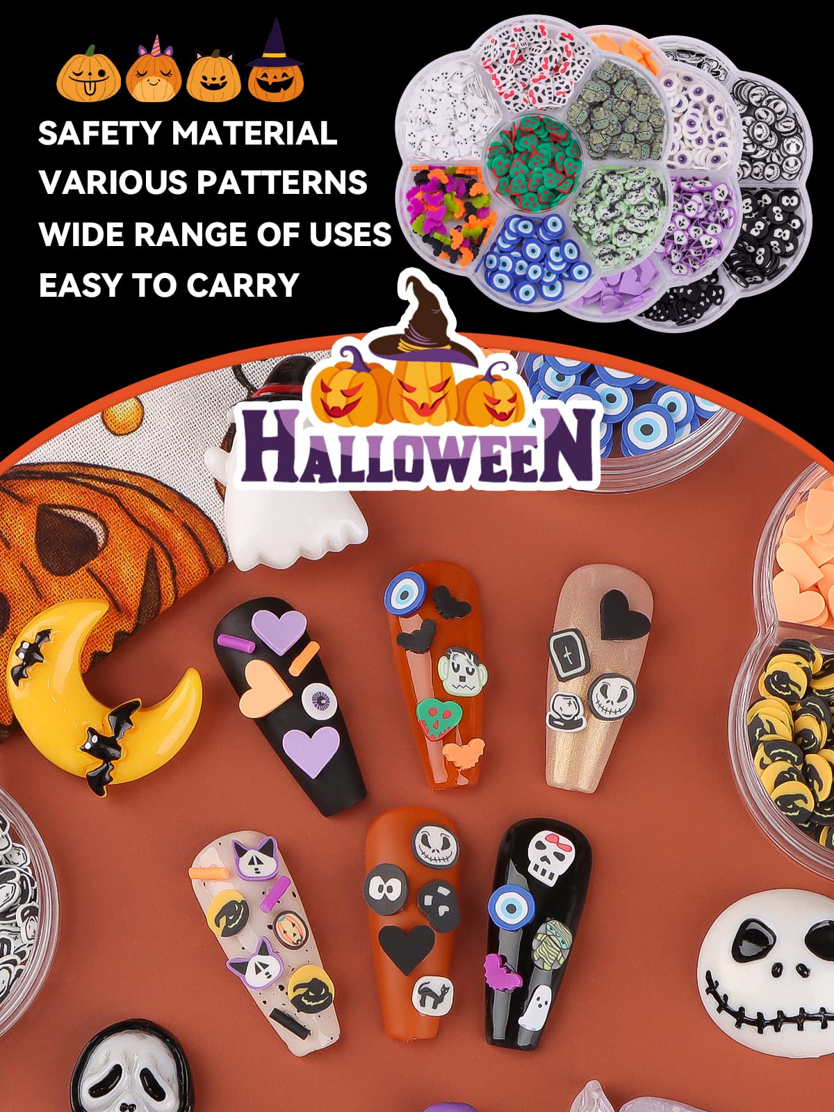 Halloween Nail Art Sequins, Kalolary 3D Skull Spider Pumpkin Bat Ghost Witch Shape Polymer Clay Slices for Acrylic Nails Design Halloween Party Decor（3 Boxes）