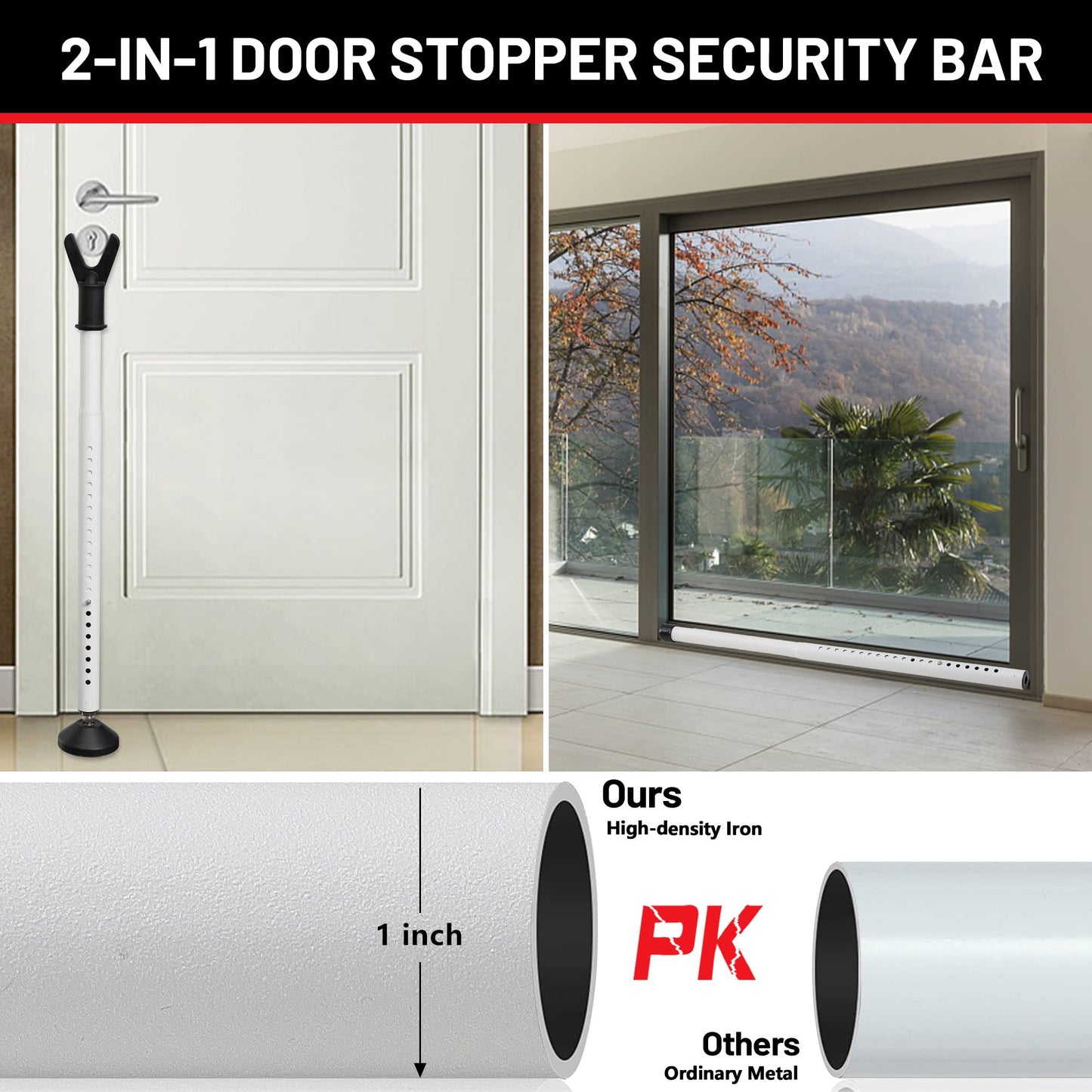 Keplrend Heavy Duty Door Jammer Security Bar - Adjustable Sliding Door Security Bar - Door Stoppers - White