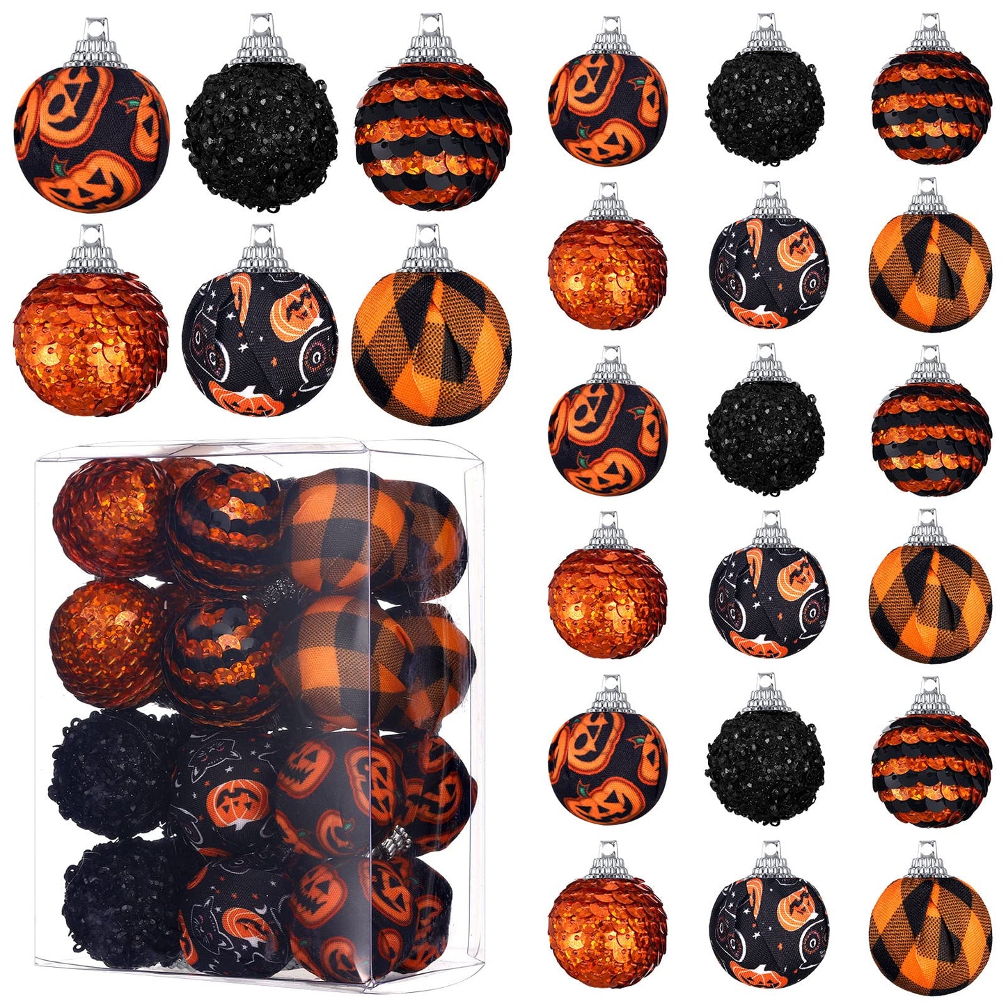 Lenwen 24 Pcs Halloween Tree Ball Ornaments 1.18 Inch Halloween Tree Decorations Glitter Black Orange Sequin Balls for Christmas Party Decor