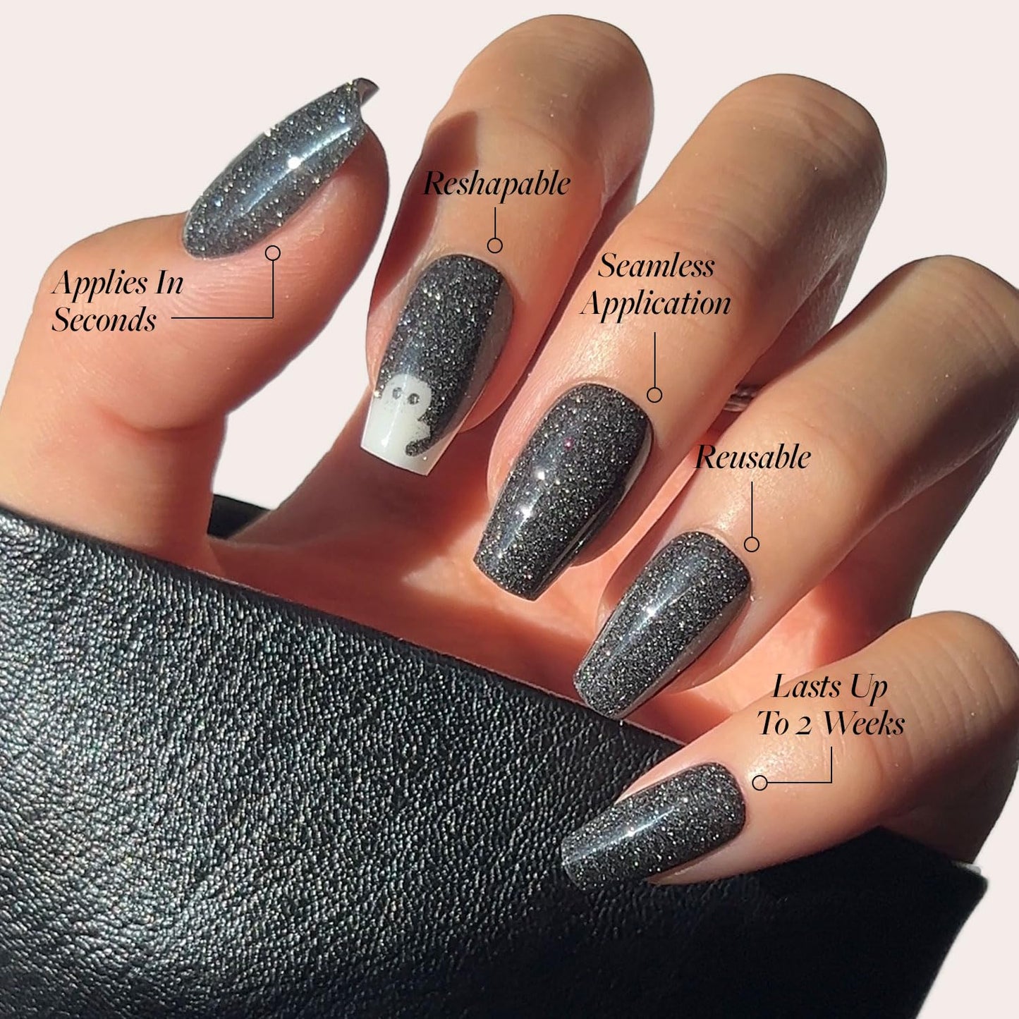 Glamnetic Press On Nails - Phantom Glow | Opaque Black Glitter & Glow-in-the-Dark Ghost Medium Coffin Fake Halloween Nails, Salon Quality | 15 Sizes - 30 Nail Kit