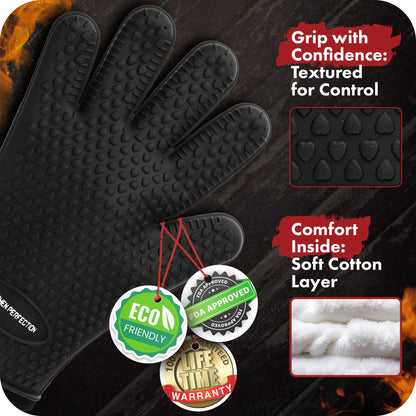 KITCHEN PERFECTION Silicone Smoker Oven Gloves -Extreme Heat Resistant BBQ Gloves -Handle Hot Food Right on Your Smoker Grill Fryer Pit|Waterproof Oven Mitts Grill Gloves |Superior Value Set+3 Bonuses