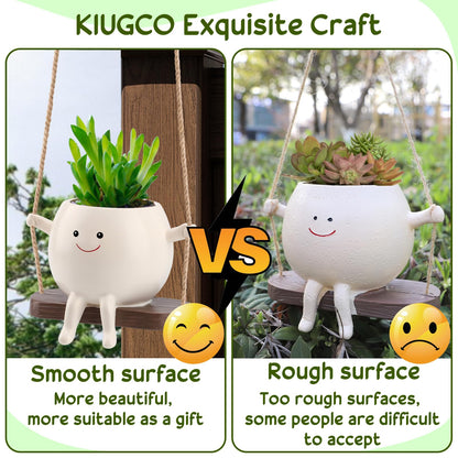 KIUGCO Glossy Swing Smiley Face Planter Pot Head, Small Hanging Planter for Indoor Outdoor Plants, Cute Hanging Flower Pot for String of Pearls Plant Live, Birthday Gifts