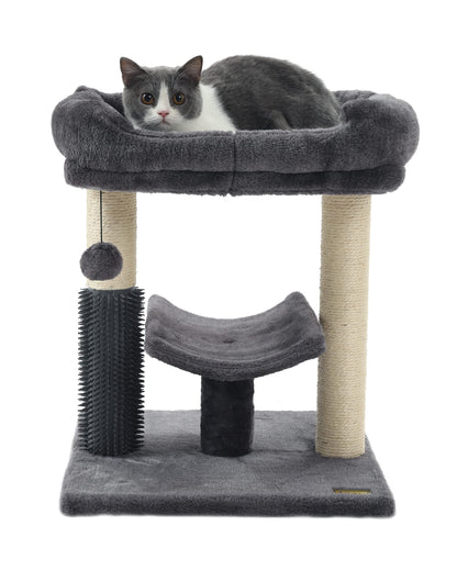 Hoopet 20-Inch Cat Tree Tower, Small Cat Scratching Post for Indoor Cats and Kittens, Sisal Cat Scratcher with Plush Bed Perch, Self Groomer and Hanging Toy Ball, Smoky Grey