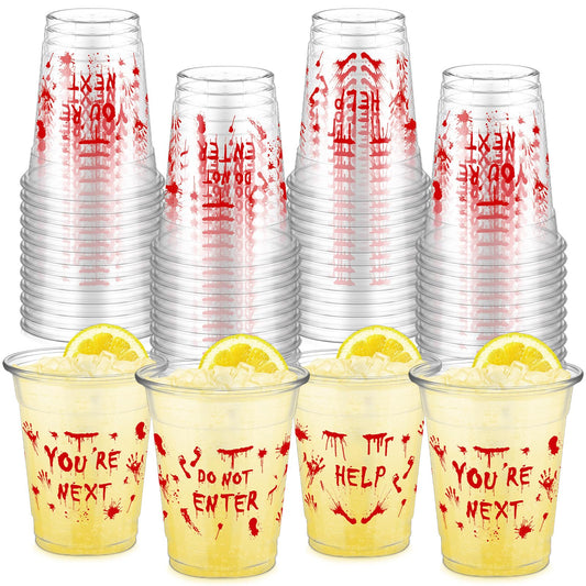 FoldTier 50 Pcs Plastic Halloween Bloody Cups - 12 oz Clear Disposable Drinking Cups for Home Halloween Theme Party Supplies Decoration (Blood Print)