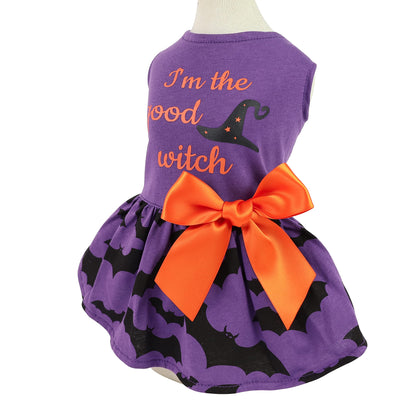 Fitwarm 100% Cotton I'm The Good Witch Halloween Dog Costume Puppy Dress Doggie Party One Piece with Bowknot Pumkin Bat Pet Vest Shirt Holiday Cat Outfits Purple X-Small