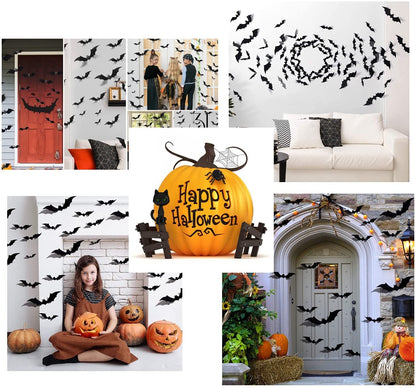 Comtraker Halloween Fireplace Mantle Decorations, Black Lace Spiderweb Mantel Scarf Cover Garland and 60 Pcs 3D Halloween Bats Wall Decor Stickers Decals for Festive Party Supplies, 18 x 98 inch