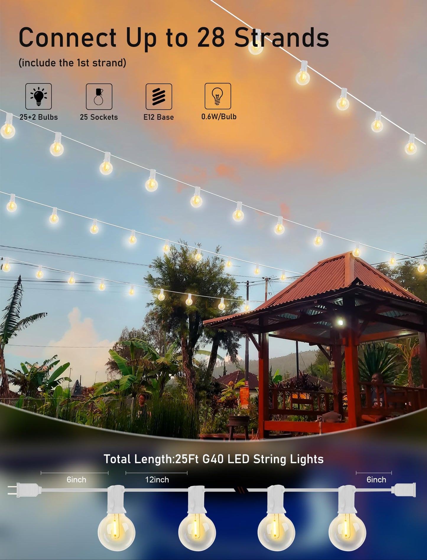 25Ft LED Outdoor String Lights, G40 Globe Patio String Lights Waterproof with 27 Shatterproof Bulbs(2 Spare), Connectable Hanging Outdoor Lights for Backyard Garden Bistro Wedding Party Decor, White