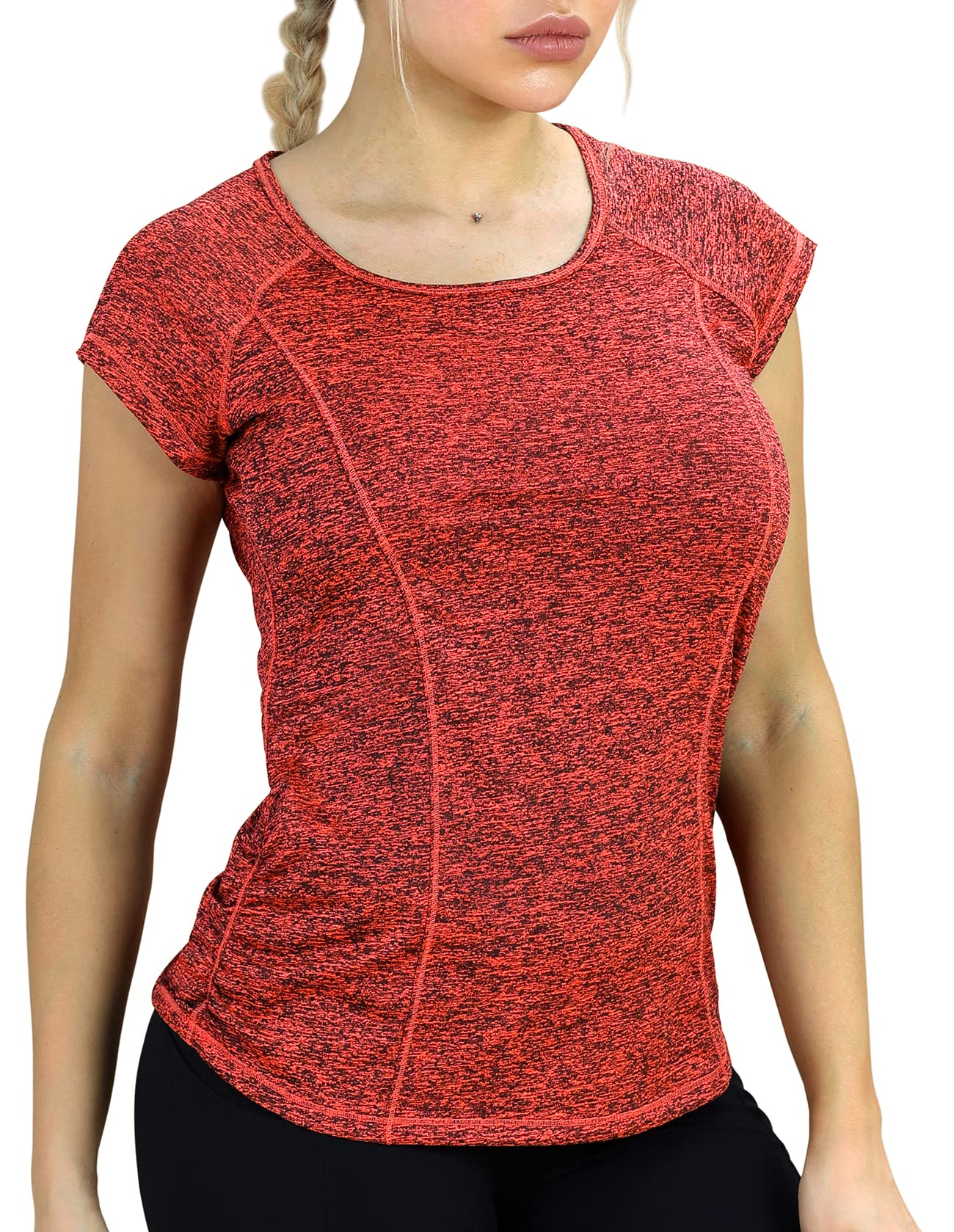 icyzone Workout Running Shirts for Women - Fitness Gym Yoga Exercise Short Sleeve T Shirts Open Back Tops (XL, Burnt Ochre)
