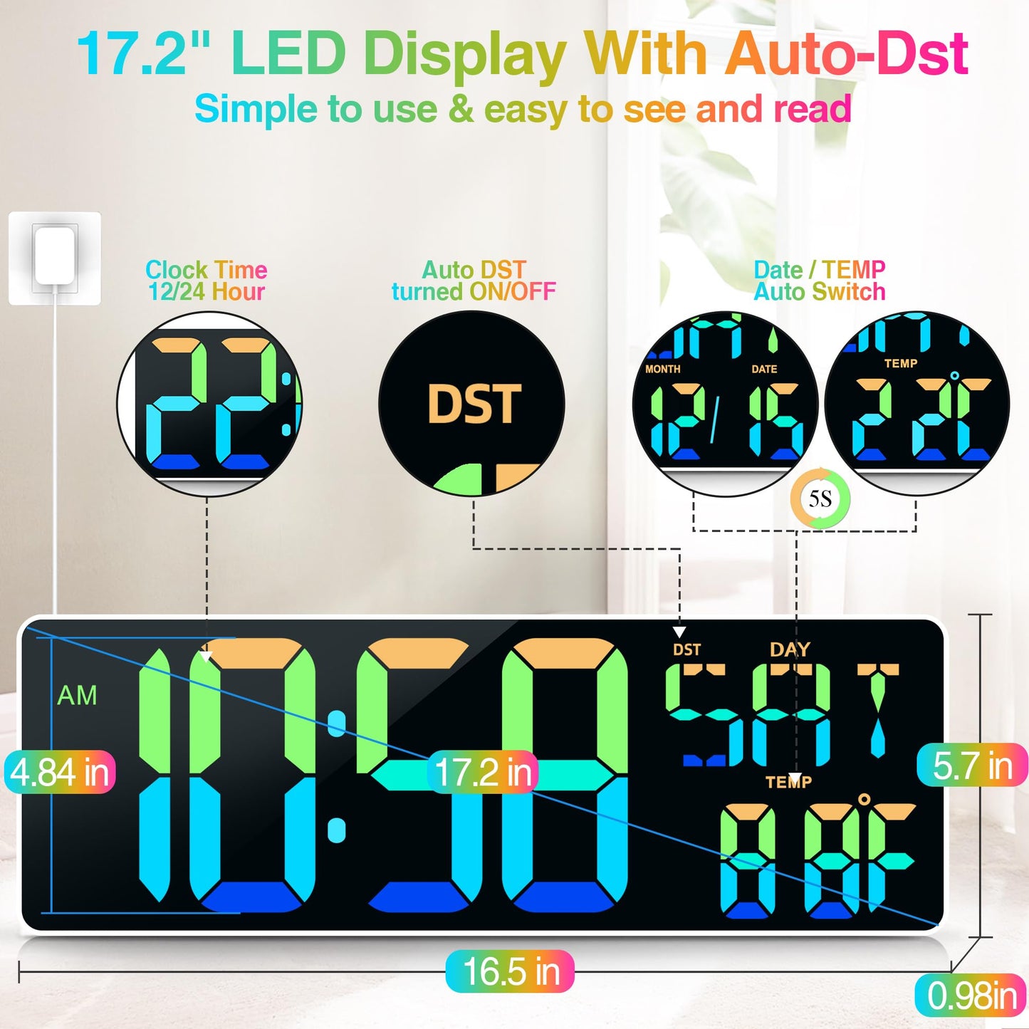 Large Digital Wall Clock Large Display 17.2" Big Digital Timer with 9 Groups Timer Remote Control for Gym Classroom 10 Colors Available for LED Wall Clock with Temperature Date Week DST Dynamic RGB