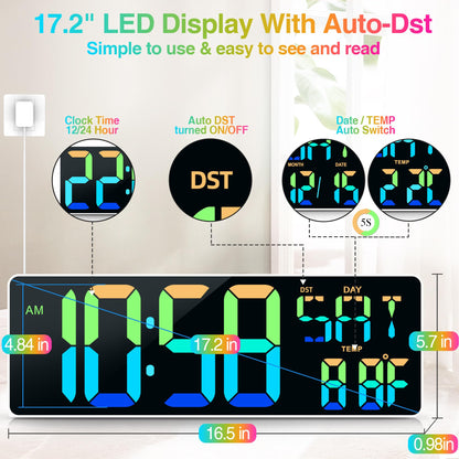 Large Digital Wall Clock Large Display 17.2" Big Digital Timer with 9 Groups Timer Remote Control for Gym Classroom 10 Colors Available for LED Wall Clock with Temperature Date Week DST Dynamic RGB