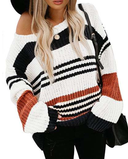 KIRUNDO Women's 2025 Fall Winter Striped Color Block Short Sweater Long Sleeve Crew Neck Casual Loose Knit Pullover Tops(Medium, 1977-Orange)
