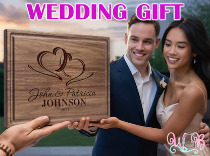 Personalized Cutting Board, Custom Wedding, Anniversary or Housewarming Gift Idea, Wood Engraved Charcuterie, for Newlyweds and Couples, Two Hearts Design 027