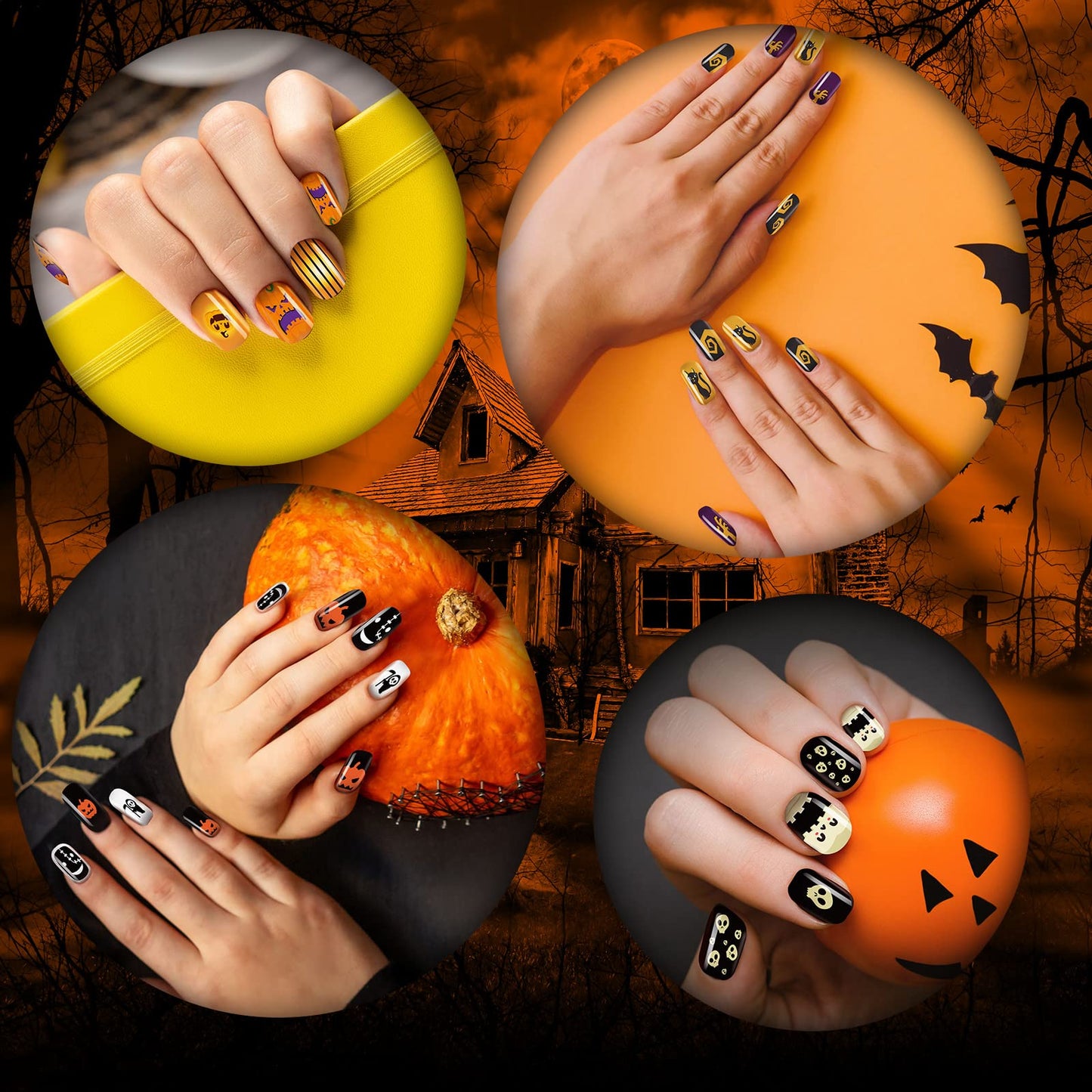 384 Pcs 16 Pack Halloween Press on Nails Halloween Short Fake Square False Nails Plastic Artificial Nail Tips Full Cover Coffin with Ghost Pumpkin Spider Pattern for Women(Fresh Pattern)