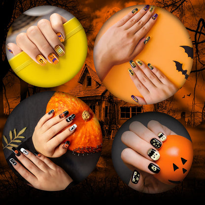 384 Pcs 16 Pack Halloween Press on Nails Halloween Short Fake Square False Nails Plastic Artificial Nail Tips Full Cover Coffin with Ghost Pumpkin Spider Pattern for Women(Fresh Pattern)