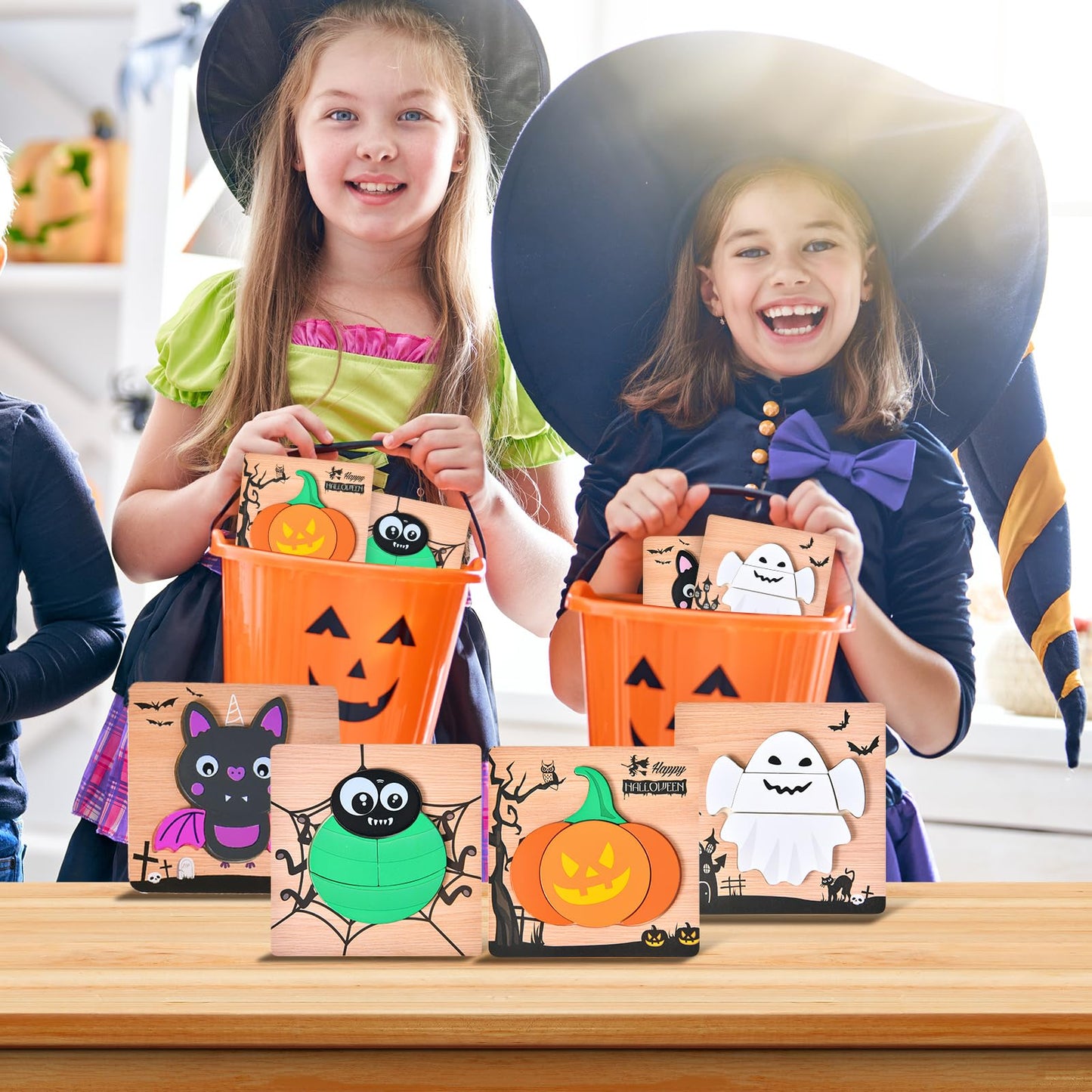 4 Pack Halloween Wooden Puzzles for Kids Toddlers Jigsaw Puzzles Halloween Toys for Halloween Party Favors Treat Bag Prizes