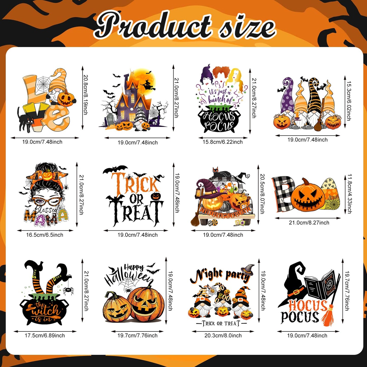 Halloween Iron on Transfer for T-Shirts, Orange Pumpkins Heat Transfer Vinyl Stickers, Heflashor 12 PCS Fall HTV Pumpkins Leopard Pattern Iron on Decals Patches for Party, Easy Press