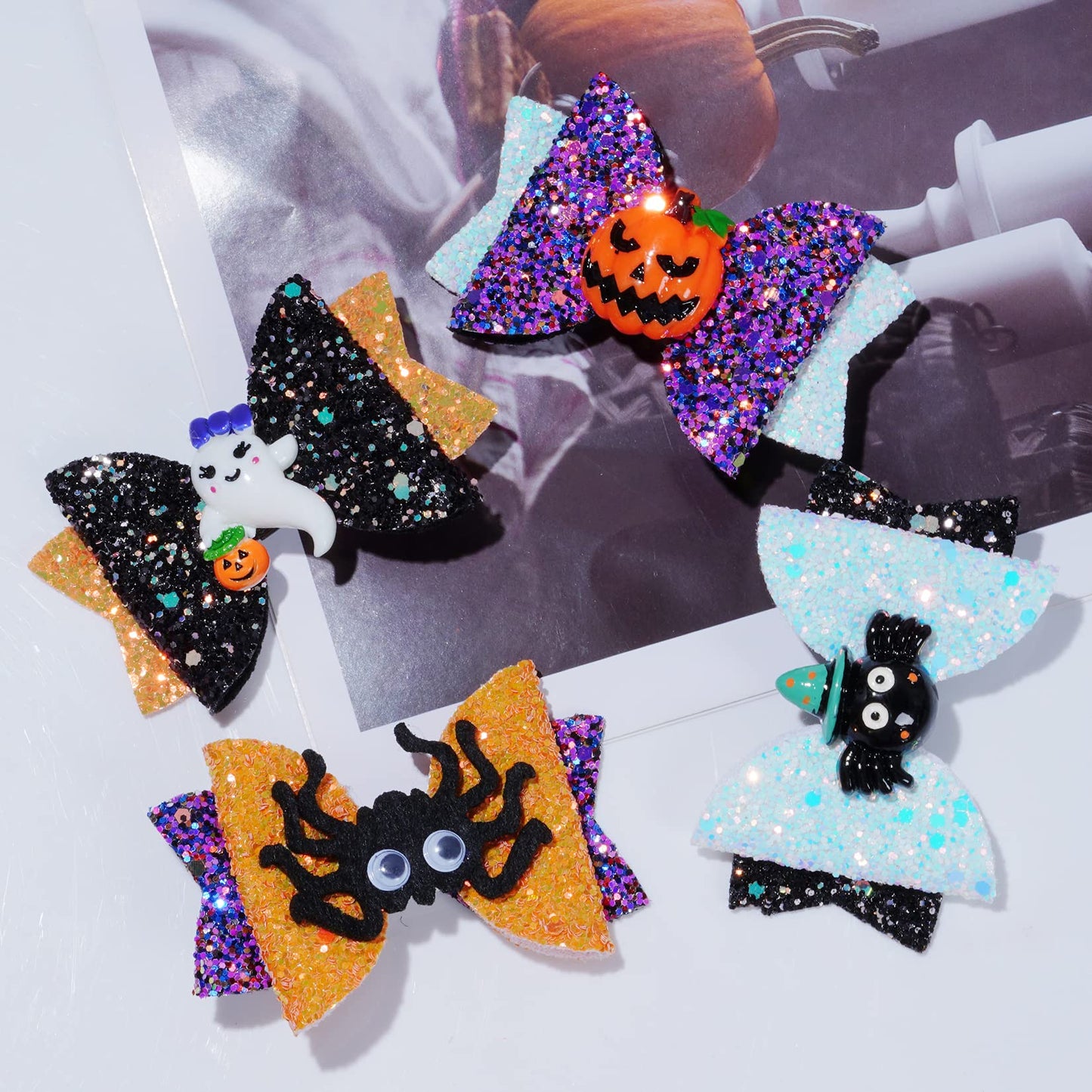 Haakong 8Pcs Halloween Hair Accessories Headdress Halloween Glitter Bows Spider Hair Clip Pumpkin Hair Bow Ghost Hair Barrette Glitter Hair Clip Girls Party Dance Hair Barrettes